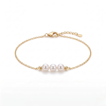 Dainty 18K Solid Gold Triple Pearl Bracelet, Minimalist 3.5mm Real Freshwater Pearl Strand Bracelet