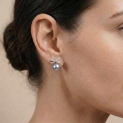 Sparkling Ribbon Bow Pearl Studs - Elegant 925 Silver Coquette Earrings