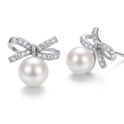 Sparkling Ribbon Bow Pearl Studs - Elegant 925 Silver Coquette Earrings