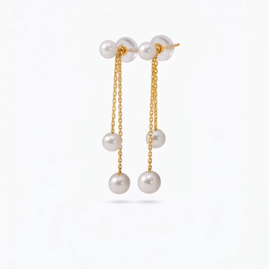 18K Gold Double Akoya Pearl Drop Chain Earrings