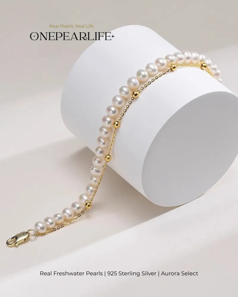 Double-Layer White Pearl Bracelet, Classic 6-7mm Freshwater Pearl Strand for Women
