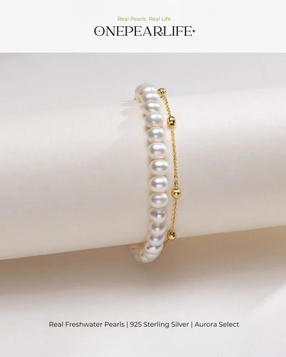Double-Layer White Pearl Bracelet, Classic 6-7mm Freshwater Pearl Strand for Women