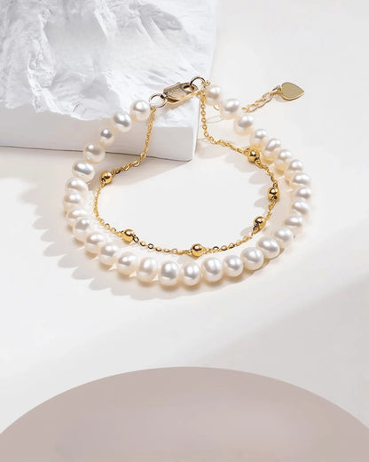 Double-Layer White Pearl Bracelet, Classic 6-7mm Freshwater Pearl Strand for Women