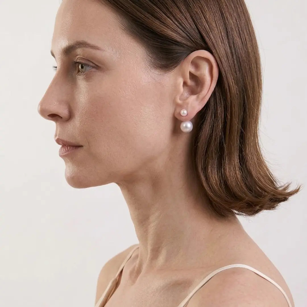 Graduated Double Pearl Drop Earrings with 925 Sterling Silver Pearl Studs