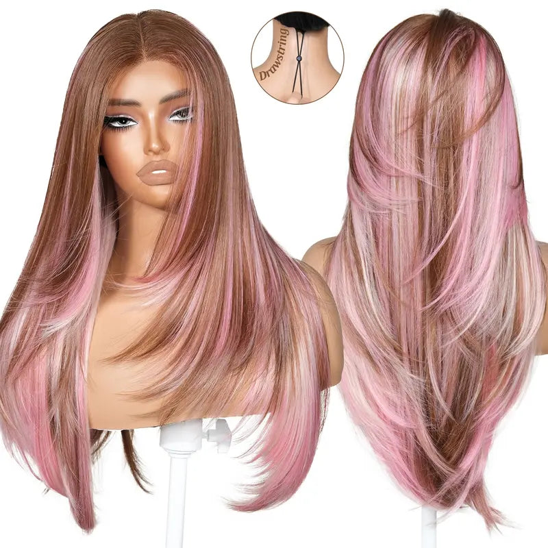 Calico Neapolitan Synthetic Lace Front Wig - 26 Inch, Glueless, Pre-Cut T Lace, Pre-Plucked, Face Framing Bangs, Perfect Middle Part, Airy Heat Resistant, Summer-Ready for Daily Wear, Parties, Heat Resistant Wigs, Synthetic Material Wigs