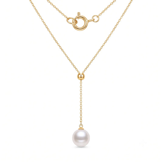 Wedding Pearl Necklace for Bride, 18K Solid Gold Au750 9-9.5mm Genuine Freshwater Pearl Y-Chain Drop