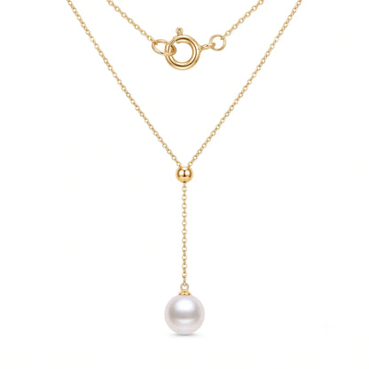 Wedding Pearl Necklace for Bride, 18K Solid Gold Au750 9-9.5mm Genuine Freshwater Pearl Y-Chain Drop