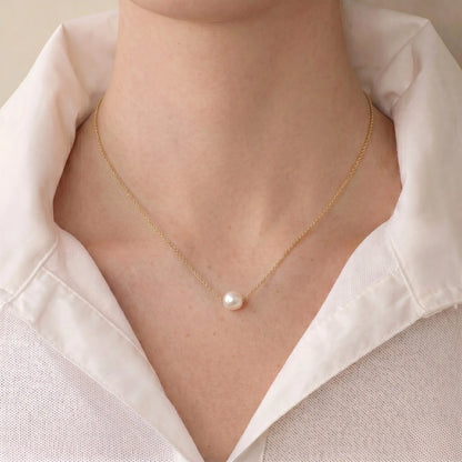Everyday Solid 18K Gold Floating Akoya Pearl Necklace, 7-7.5mm Japanese Akoya Pearl Pendant for Daily Wear