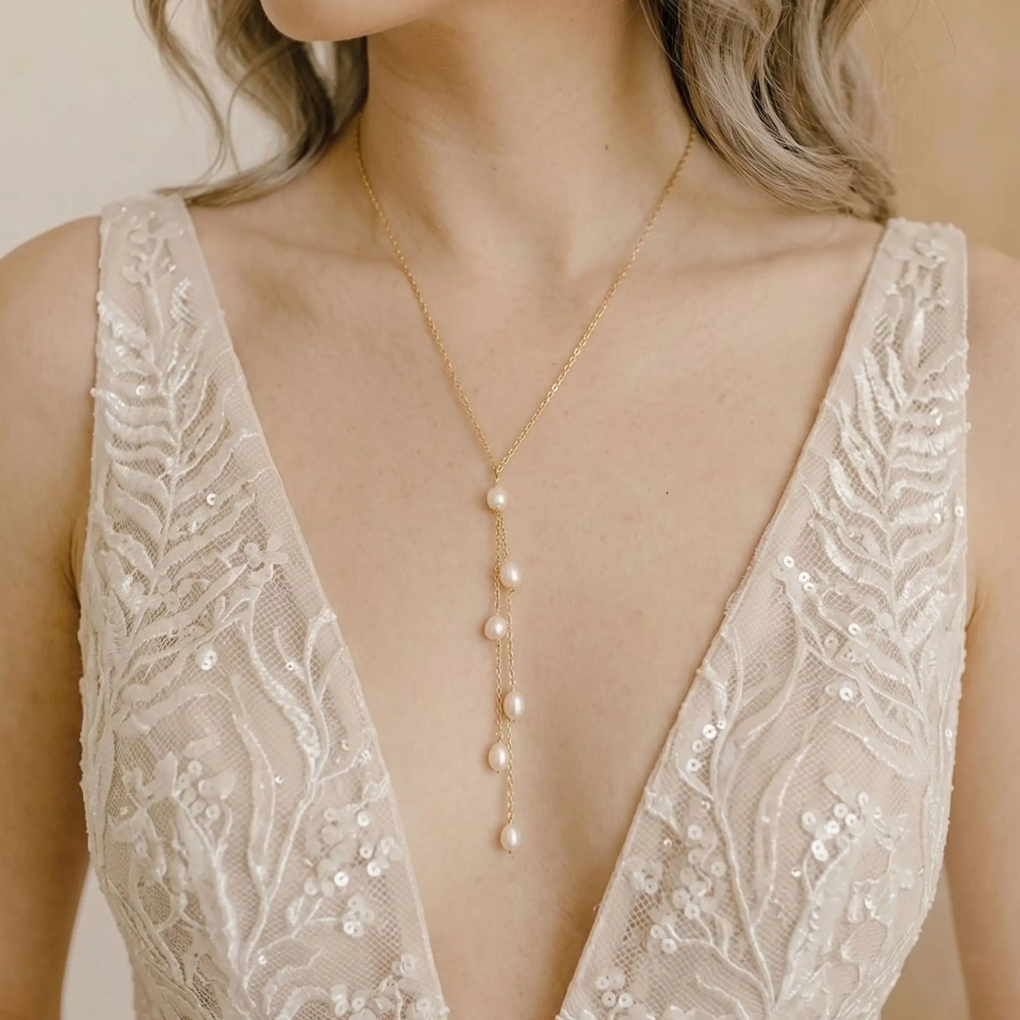18K Gold Pearl Y-Necklace Minimalist Multi-Stone Lariat Drop Necklace, Freshwater Pearl Tassel Bridal Wedding Jewelry