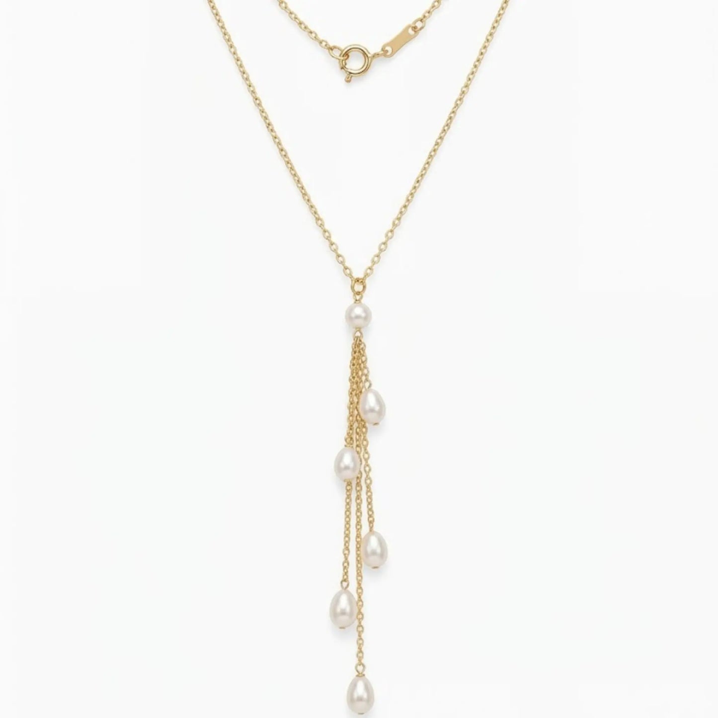 18K Gold Pearl Y-Necklace Minimalist Multi-Stone Lariat Drop Necklace, Freshwater Pearl Tassel Bridal Wedding Jewelry