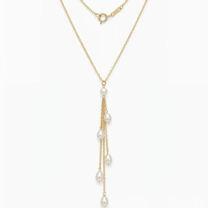 18K Gold Pearl Y-Necklace Minimalist Multi-Stone Lariat Drop Necklace, Freshwater Pearl Tassel Bridal Wedding Jewelry