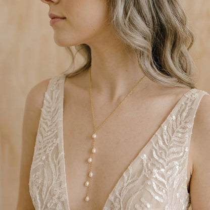18K Gold Pearl Y-Necklace Minimalist Multi-Stone Lariat Drop Necklace, Freshwater Pearl Tassel Bridal Wedding Jewelry