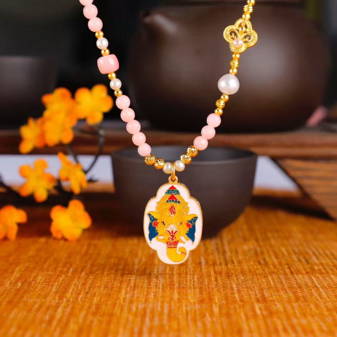 Ganesha Blessing Necklace – Pink Opal, Pearl & Enamel Pendant
