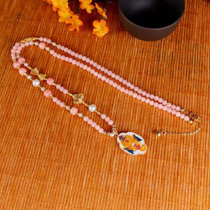 Ganesha Blessing Necklace – Pink Opal, Pearl & Enamel Pendant