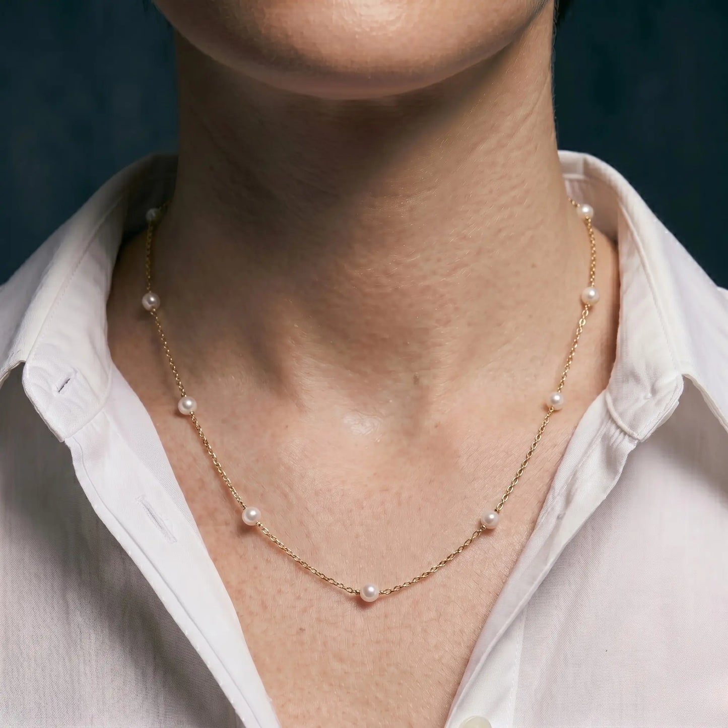 Delicate 18K Solid Gold Floating Pearl Station Necklace, 3-3.5mm Genuine Freshwater Pearl Choker for Women