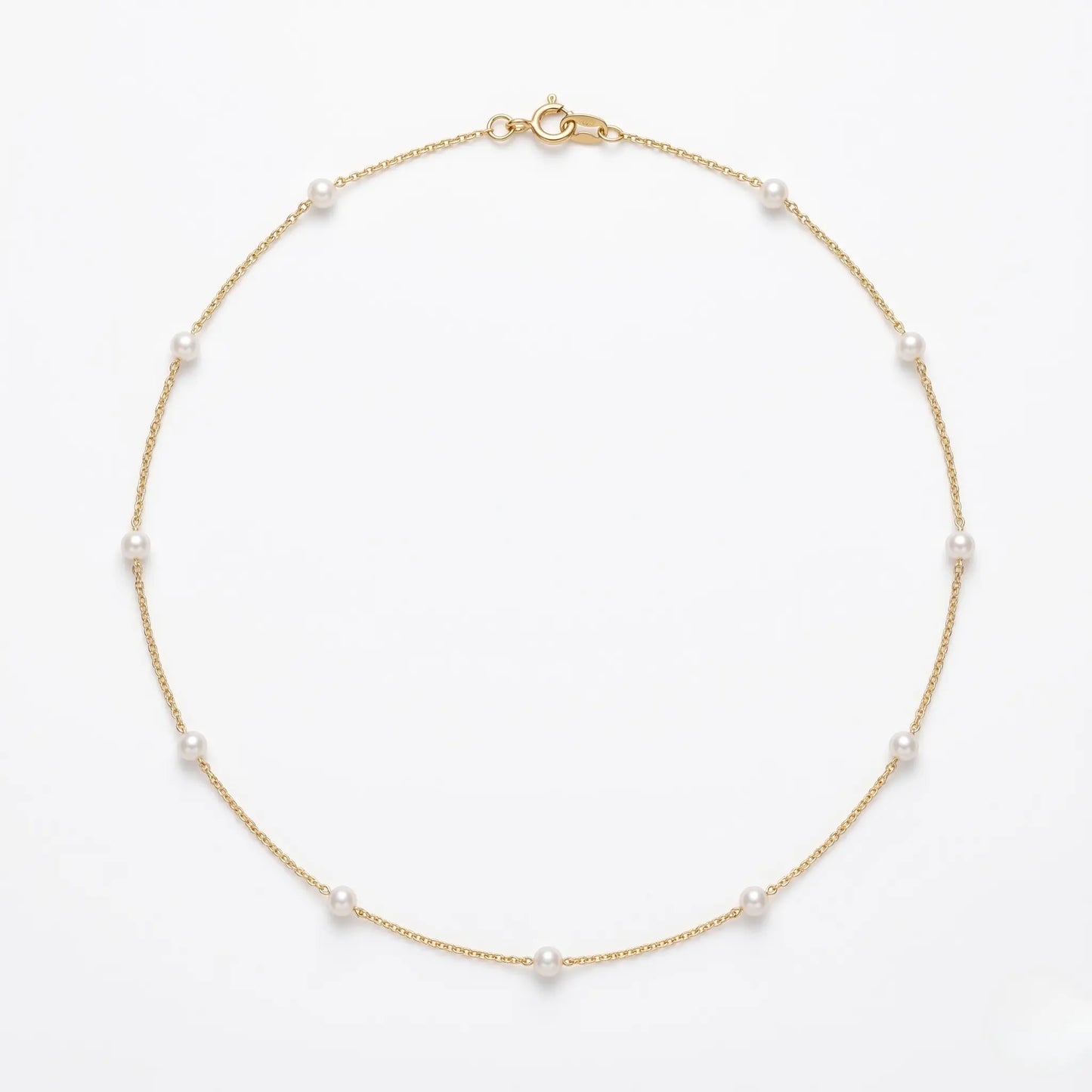 Delicate 18K Solid Gold Floating Pearl Station Necklace, 3-3.5mm Genuine Freshwater Pearl Choker for Women