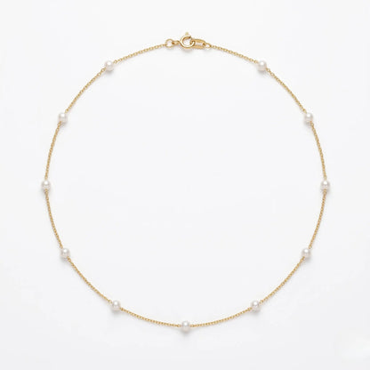Delicate 18K Solid Gold Floating Pearl Station Necklace, 3-3.5mm Genuine Freshwater Pearl Choker for Women