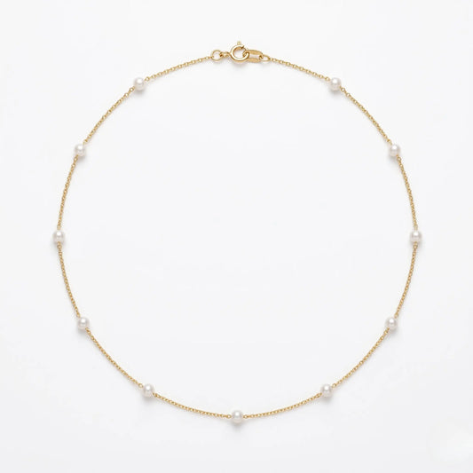 Delicate 18K Solid Gold Floating Pearl Station Necklace, 3-3.5mm Genuine Freshwater Pearl Choker for Women
