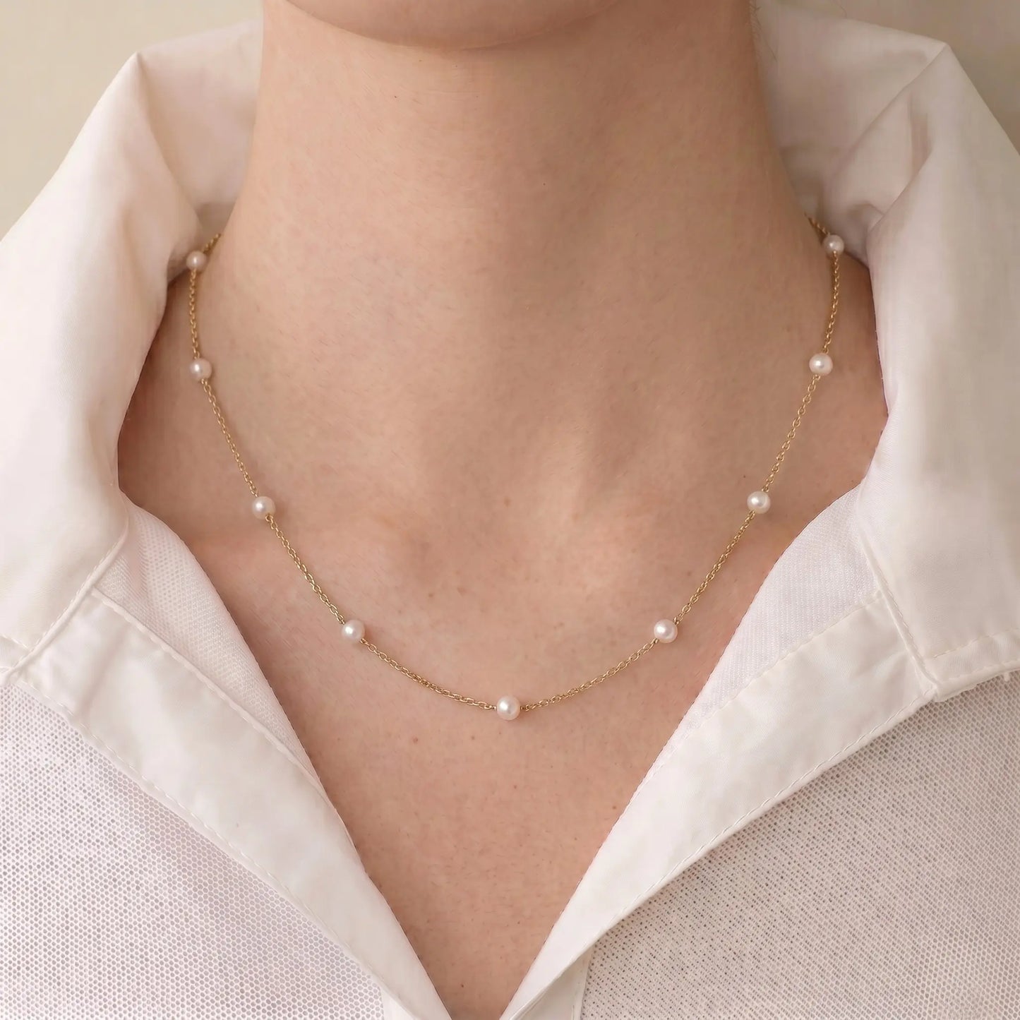 Delicate 18K Solid Gold Floating Pearl Station Necklace, 3-3.5mm Genuine Freshwater Pearl Choker for Women