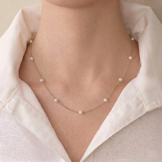 Delicate 18K Solid Gold Floating Pearl Station Necklace, 3-3.5mm Genuine Freshwater Pearl Choker for Women