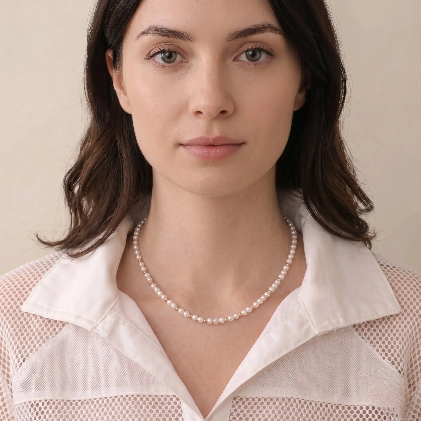 5-5.5mm Pearl Choker with 18K Solid Gold Beads Luxury Gift for Her