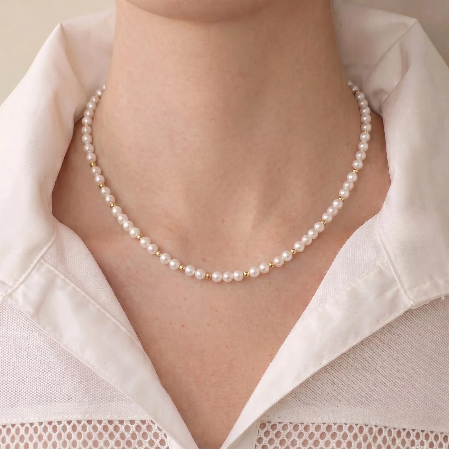 5-5.5mm Pearl Choker with 18K Solid Gold Beads Luxury Gift for Her