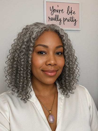 5x5 Deep Curly Salt And Pepper Glueless Gray Color Pre-Cut Lace Bob Wig