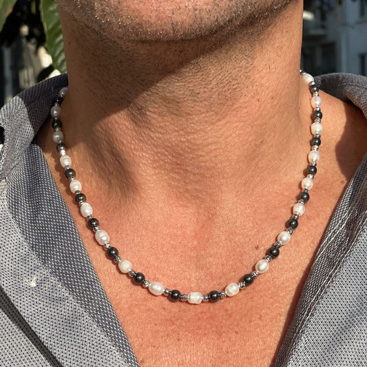 Mens Hematite Freshwater Pearl Necklace