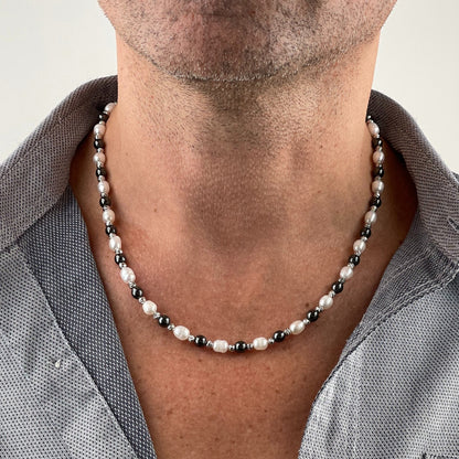 Mens Hematite Freshwater Pearl Necklace