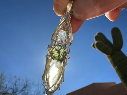 Genuine Moldavite with Libyan Desert Glass and Herkimer Diamond Pendant Necklace