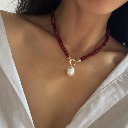 Natural Red Carnelian Necklace with Pearl Pendant • Healing Stone Choker Necklace