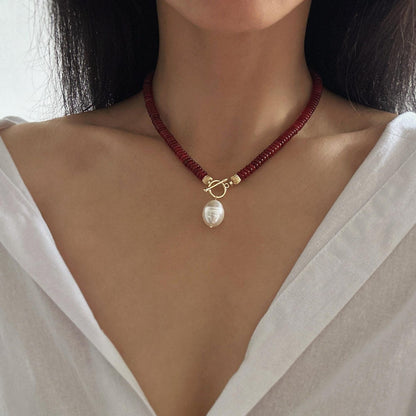 Natural Red Carnelian Necklace with Pearl Pendant • Healing Stone Choker Necklace