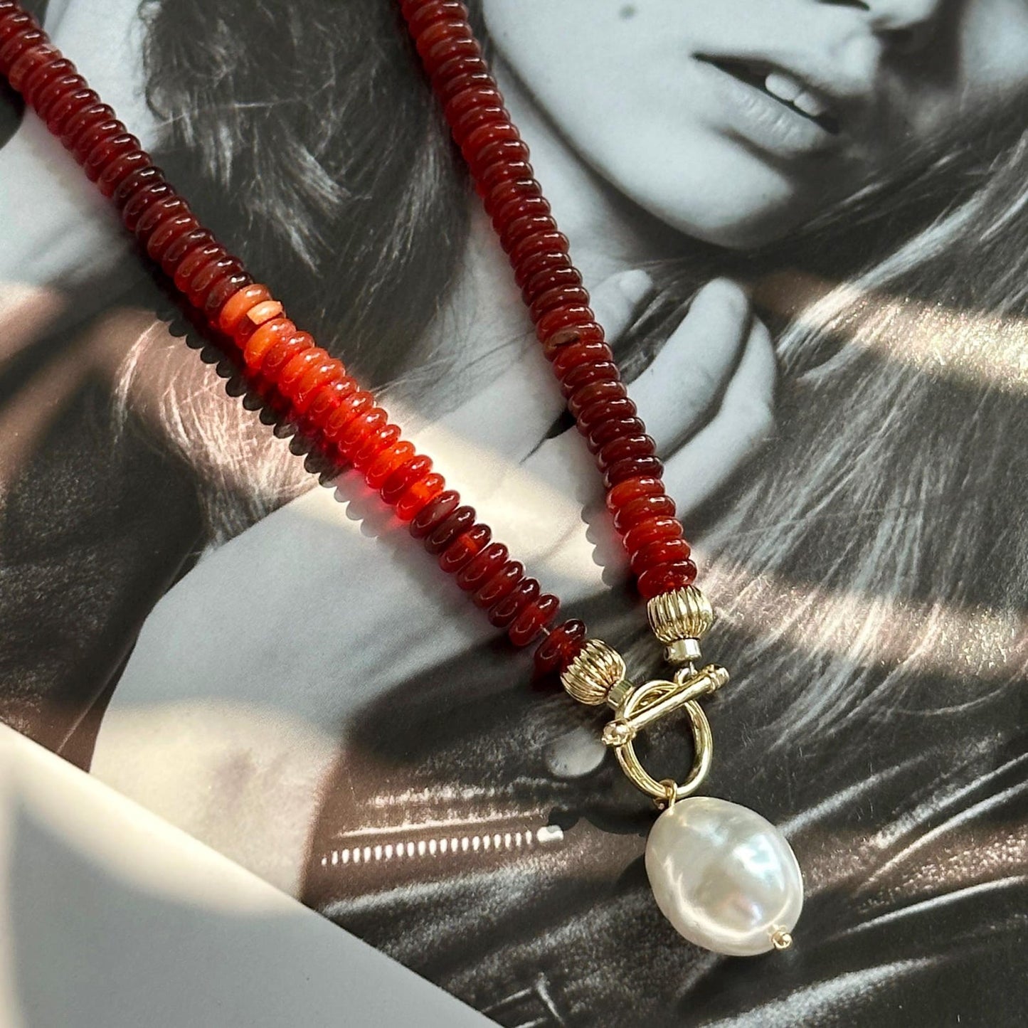 Natural Red Carnelian Necklace with Pearl Pendant • Healing Stone Choker Necklace