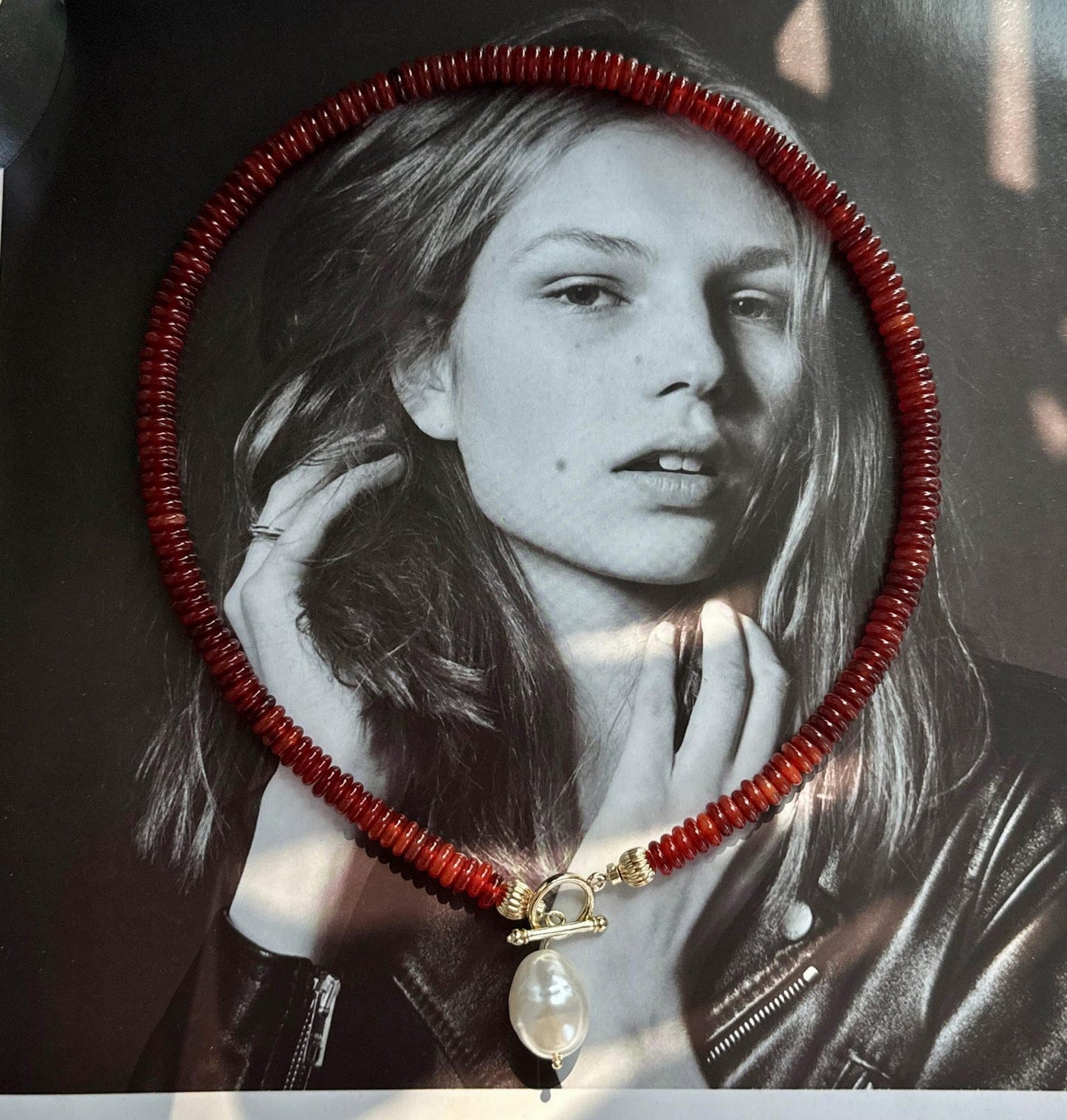 Natural Red Carnelian Necklace with Pearl Pendant • Healing Stone Choker Necklace