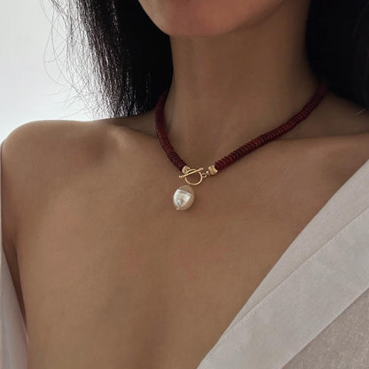 Natural Red Carnelian Necklace with Pearl Pendant • Healing Stone Choker Necklace