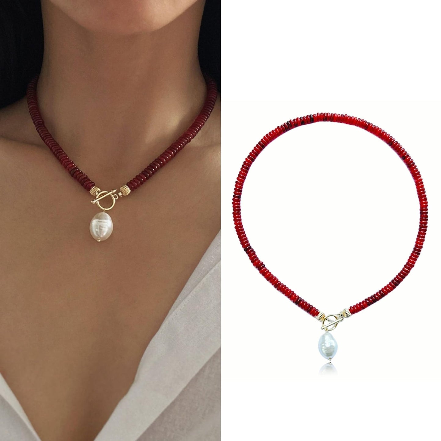 Natural Red Carnelian Necklace with Pearl Pendant • Healing Stone Choker Necklace