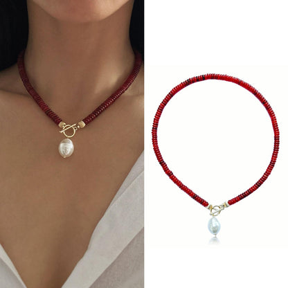 Natural Red Carnelian Necklace with Pearl Pendant • Healing Stone Choker Necklace