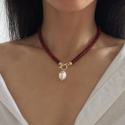 Natural Red Carnelian Necklace with Pearl Pendant • Healing Stone Choker Necklace