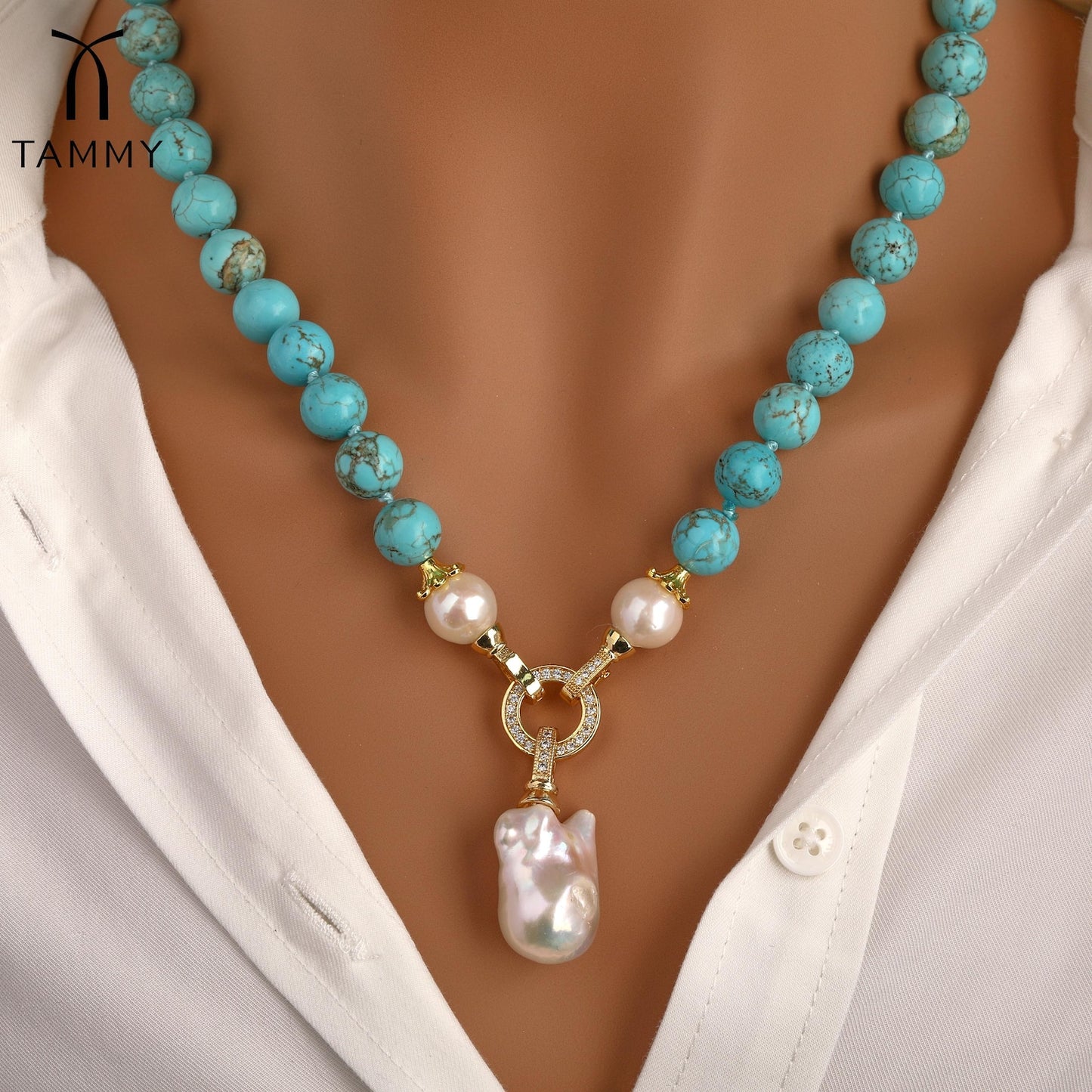 Adjustable Freshwater Pearl Turquoise Necklace