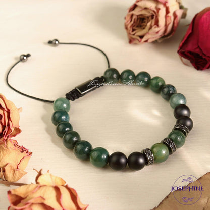 Black Onyx Natural Stone Adjustable Men's Bracelet, Gift for Husband Dad, Spiritual Healing Protection Powerful
