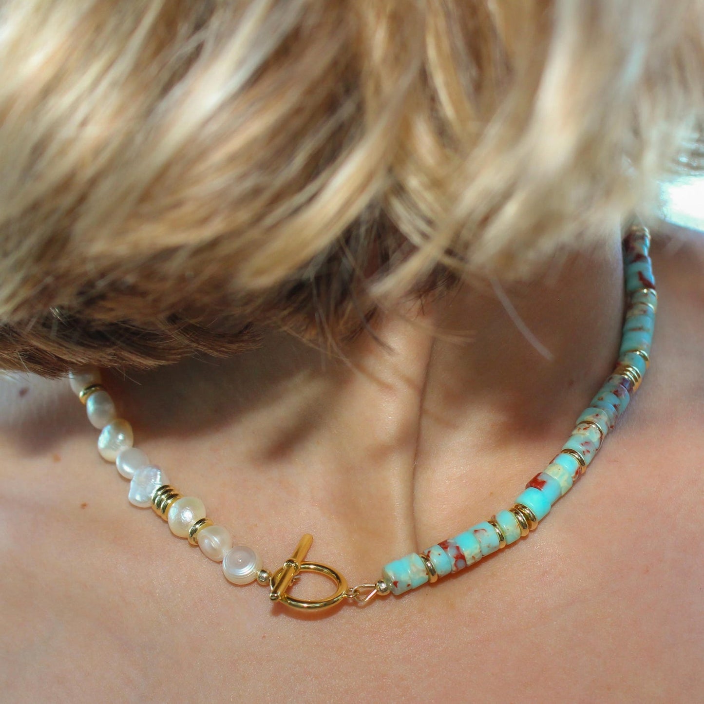 Blue Serpentine Freshwater Pearl Beaded Coastal Necklace