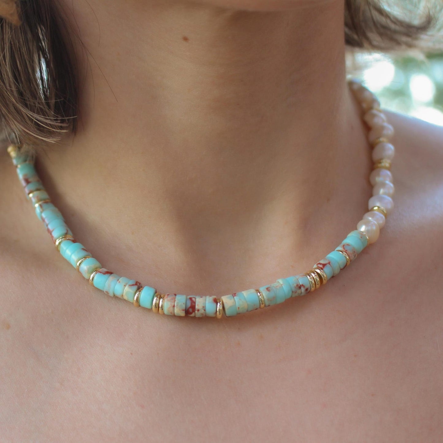Blue Serpentine Freshwater Pearl Beaded Coastal Necklace