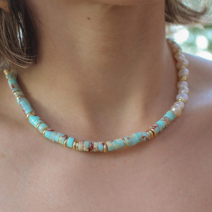 Blue Serpentine Freshwater Pearl Beaded Coastal Necklace