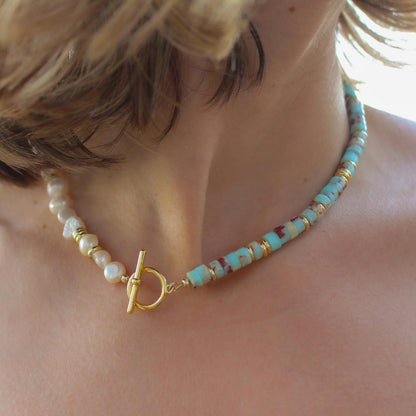 Blue Serpentine Freshwater Pearl Beaded Coastal Necklace