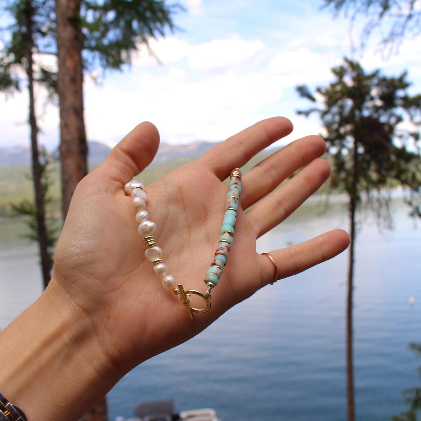 Blue Serpentine Freshwater Pearl Beaded Coastal Necklace