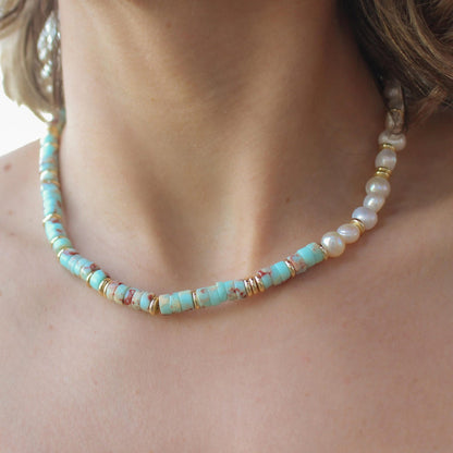 Blue Serpentine Freshwater Pearl Beaded Coastal Necklace
