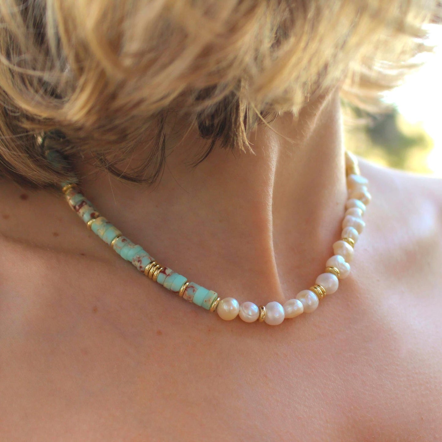 Blue Serpentine Freshwater Pearl Beaded Coastal Necklace