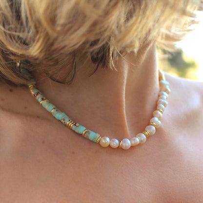 Blue Serpentine Freshwater Pearl Beaded Coastal Necklace