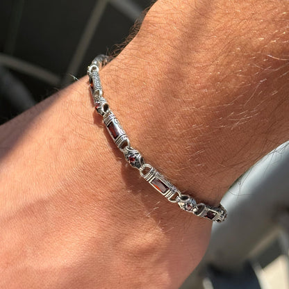 Men Silver Ruby Hand-Engraved Bracelet