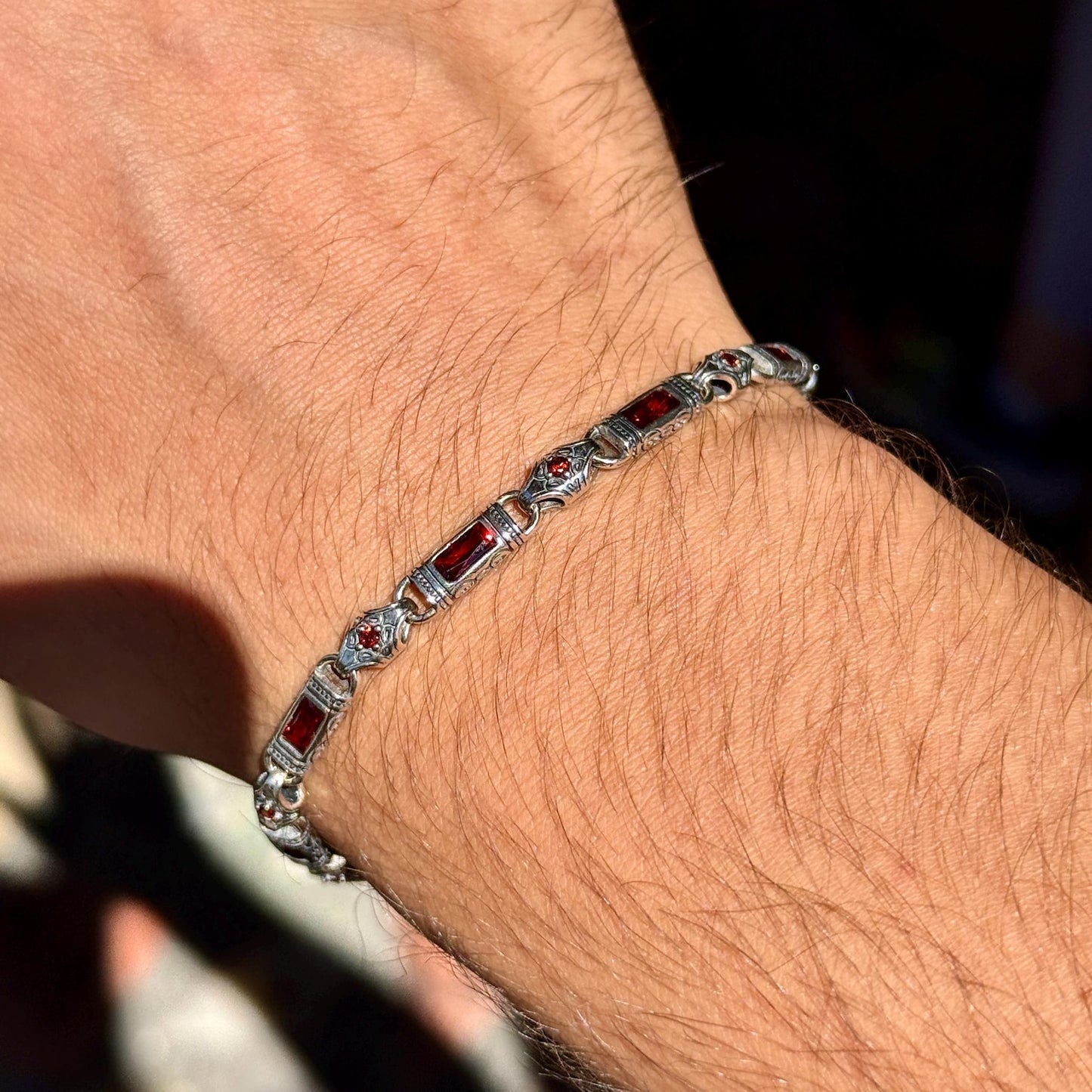 Men Silver Ruby Hand-Engraved Bracelet